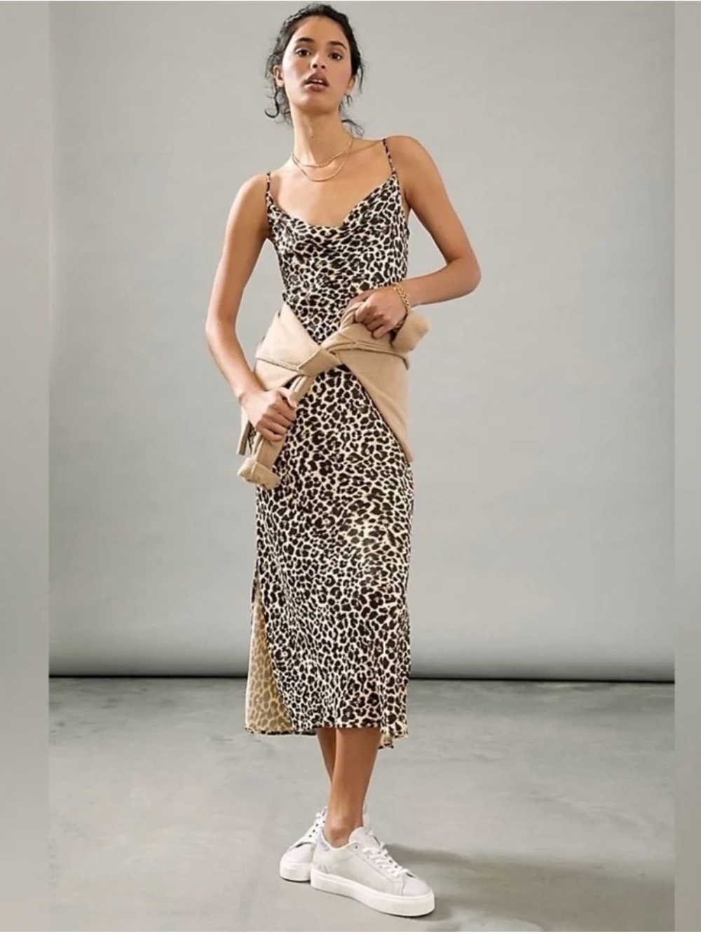 Anthropologie Leopard-Print Slip Maxi Dress in Beige and Black- Large